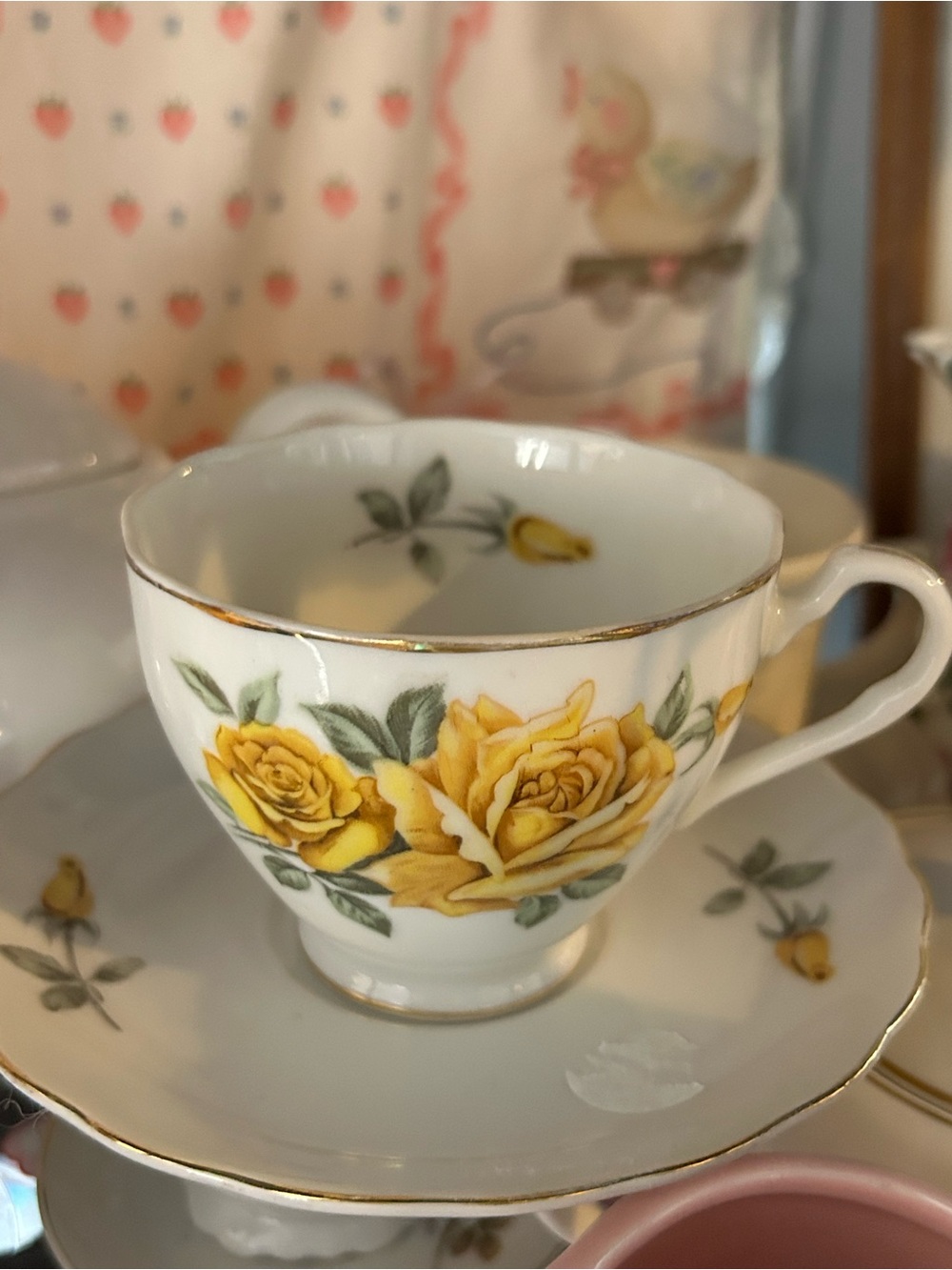 Vintage Teacup & Saucer Porcelain Dish Marked "Japan" with Gold Trim Yellow Rose